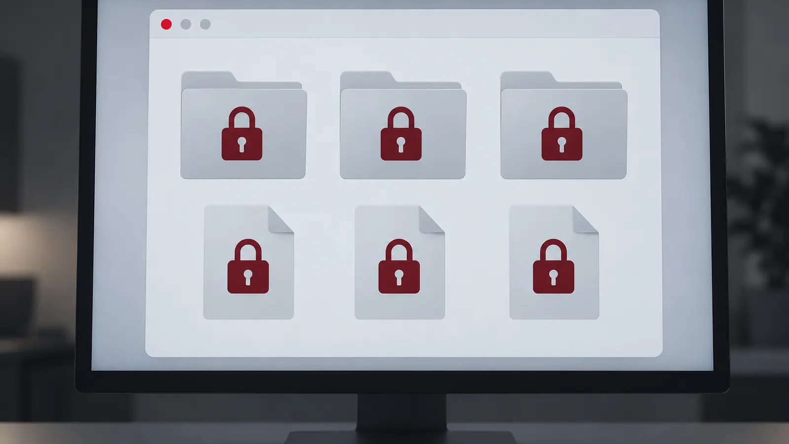 Editorial illustration of a shared-folder window with files visibly locked by ransomware.