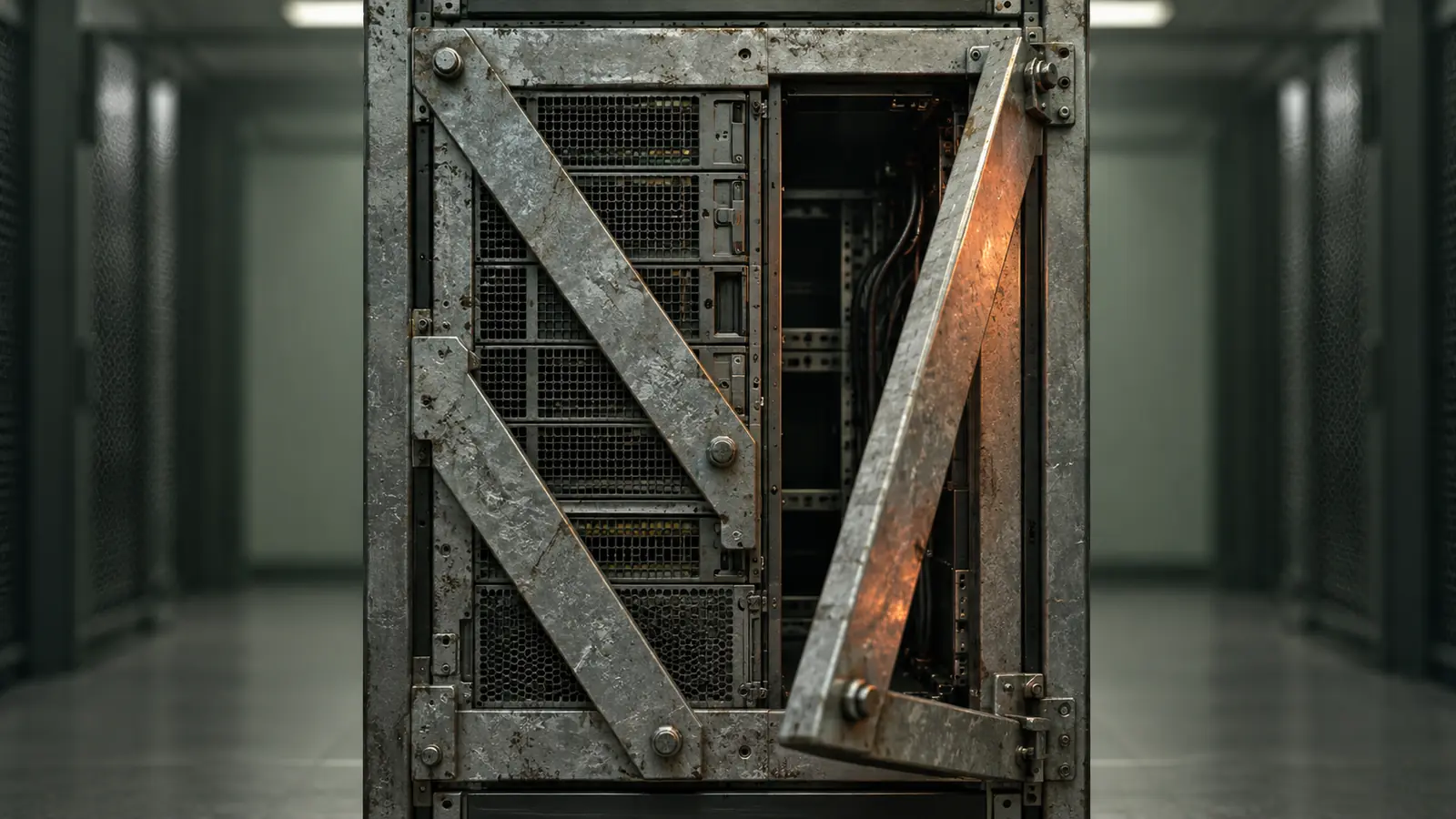 An older application server held by steel struts, with one brace standing open.