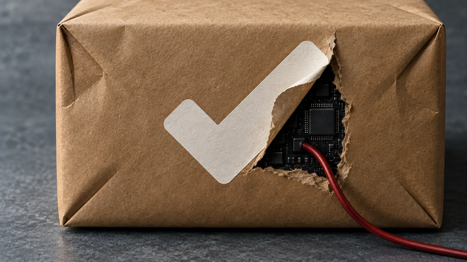 An audit checkmark seal peels from a software parcel, exposing a dark electronic core and red cable.