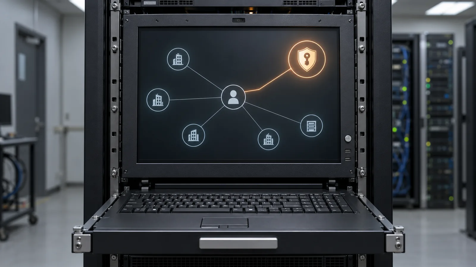 An on-premises network orchestrator console shows a tenant user connected to elevated management controls.