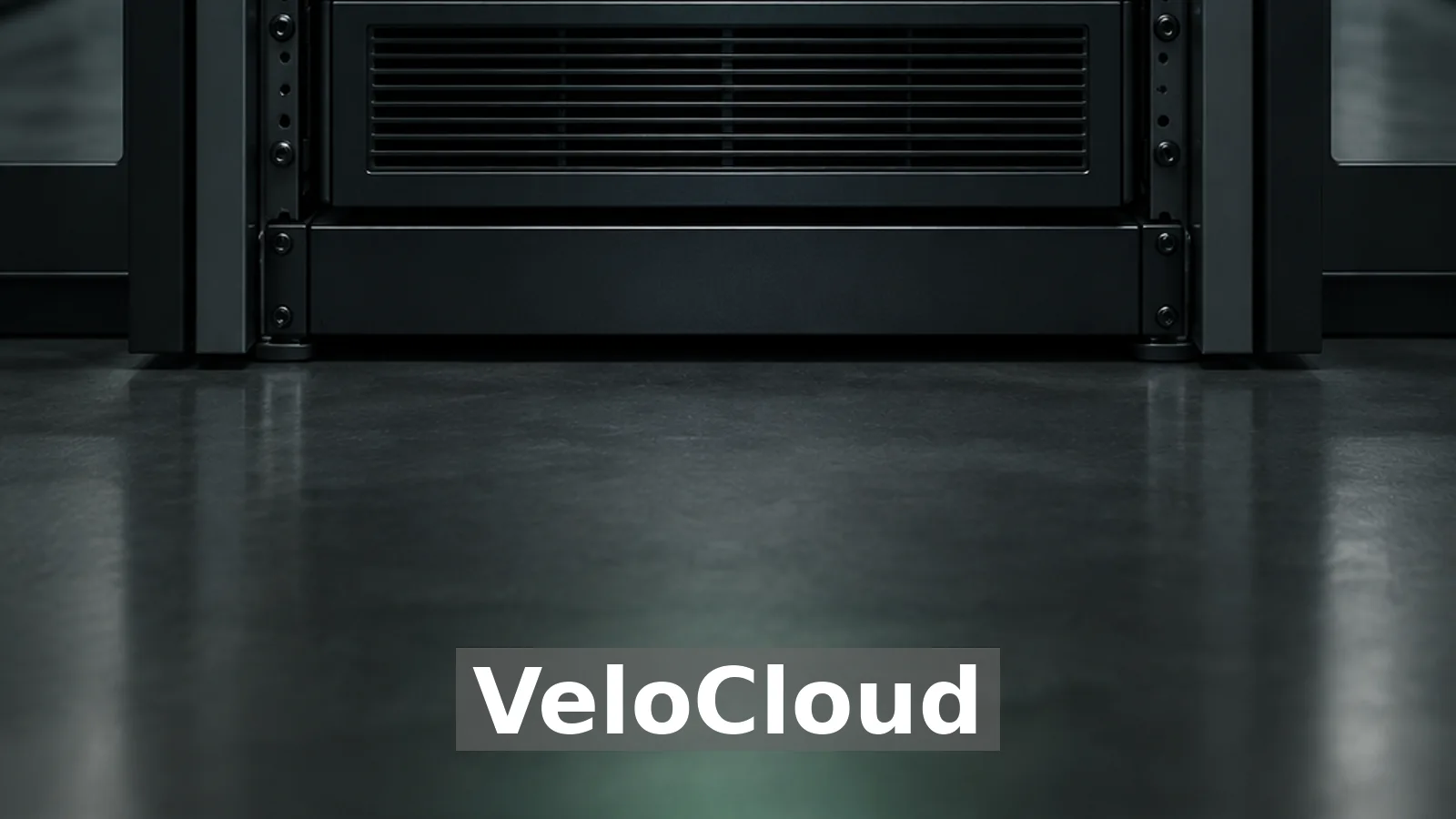 A rack-mounted on-premises server with a VeloCloud identifier against a dark equipment-room backdrop.