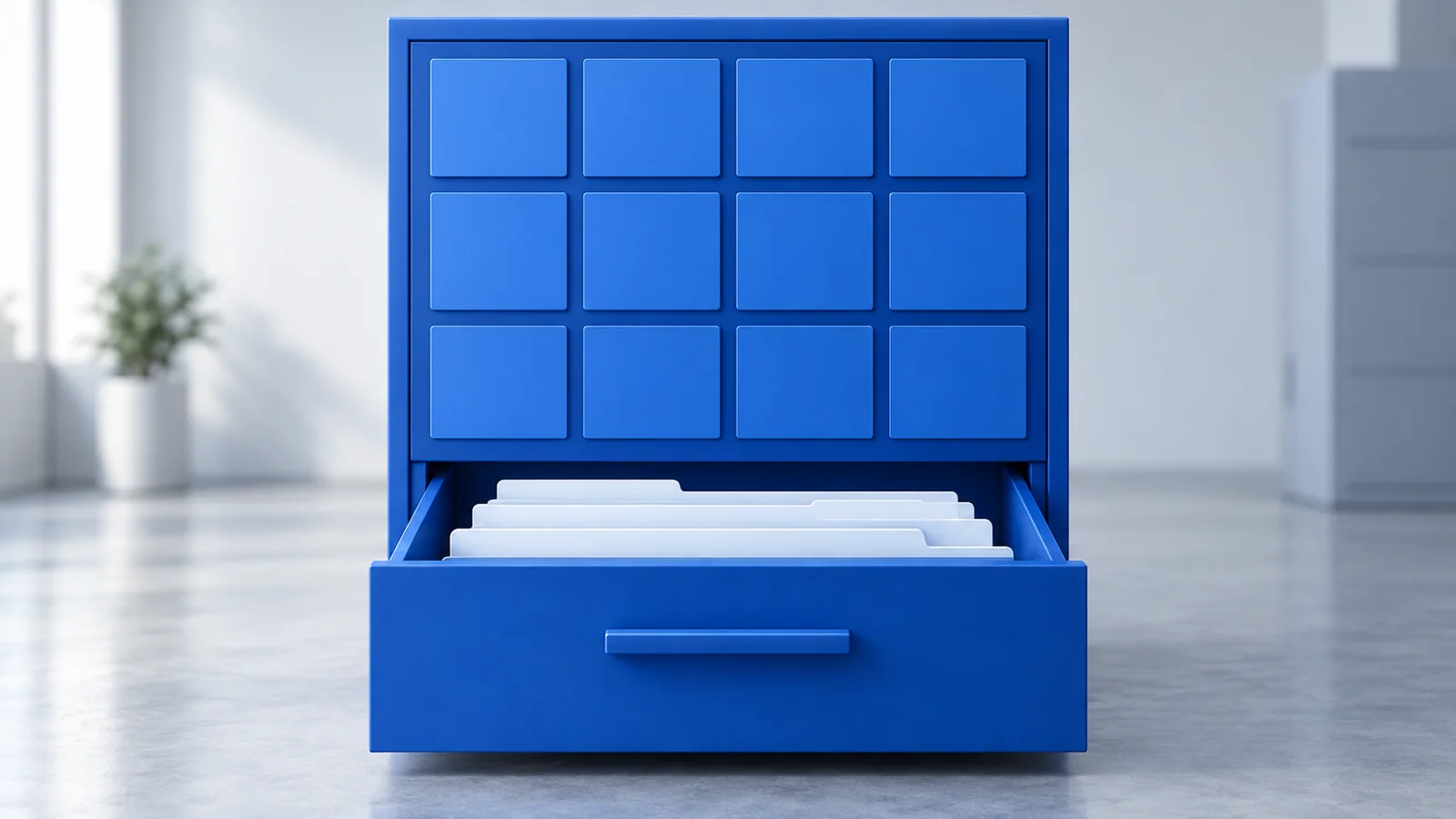 Illustrated blue collaboration application cabinet with an open file drawer containing pale sheets.