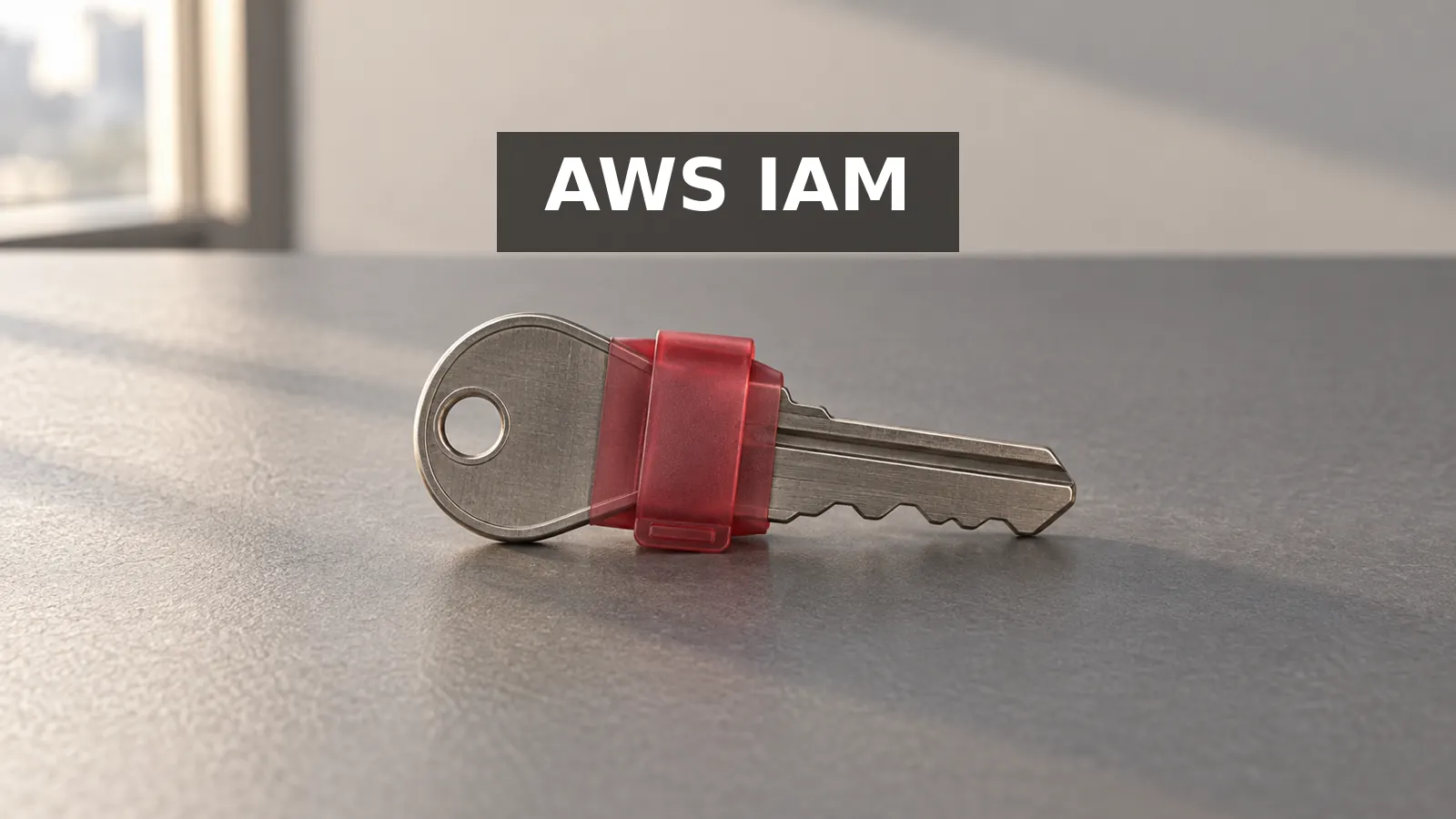 Illustration of a metal access key inside a quarantine sleeve, labeled AWS IAM.