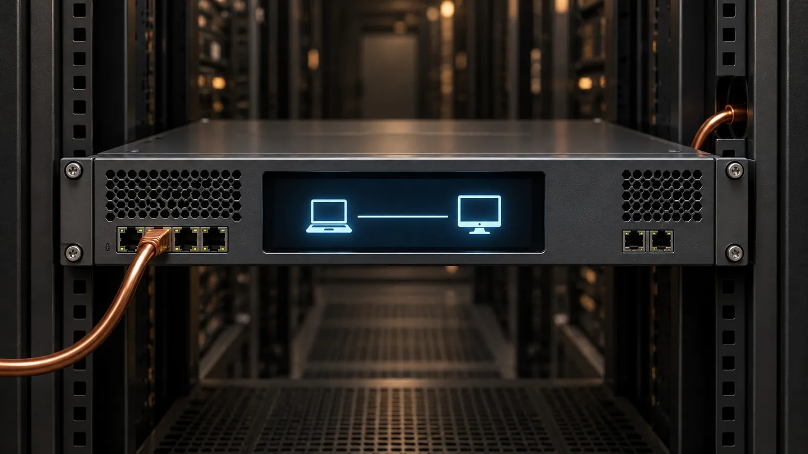 A remote-support gateway appliance with a lit support-session display and a secondary cable entering its side.