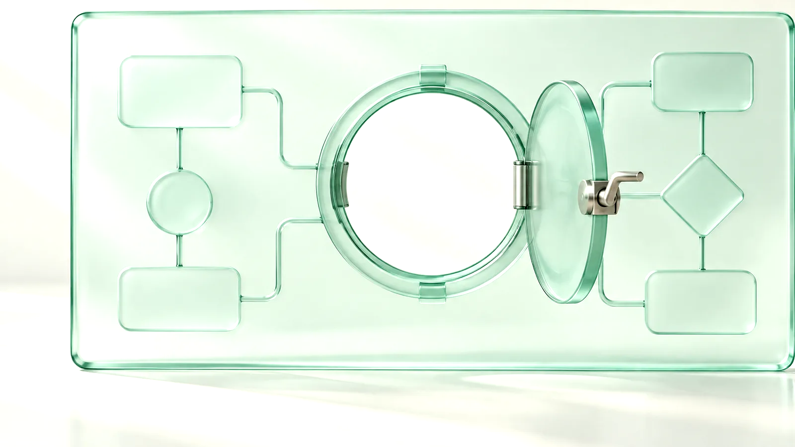 Editorial illustration of an open access aperture in a translucent AI workflow panel.