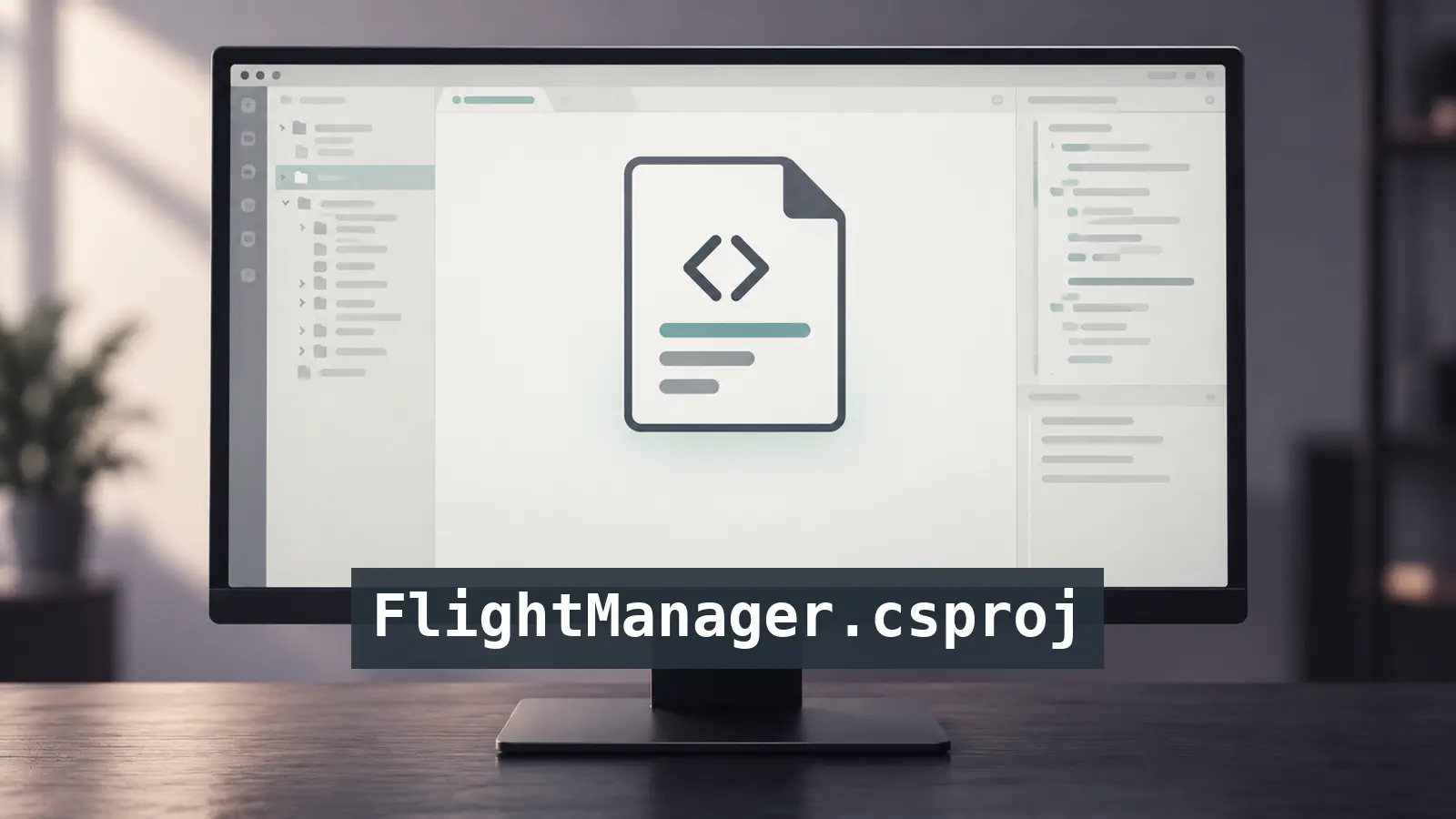 Illustration of an opened developer project on a workstation, labeled FlightManager.csproj.
