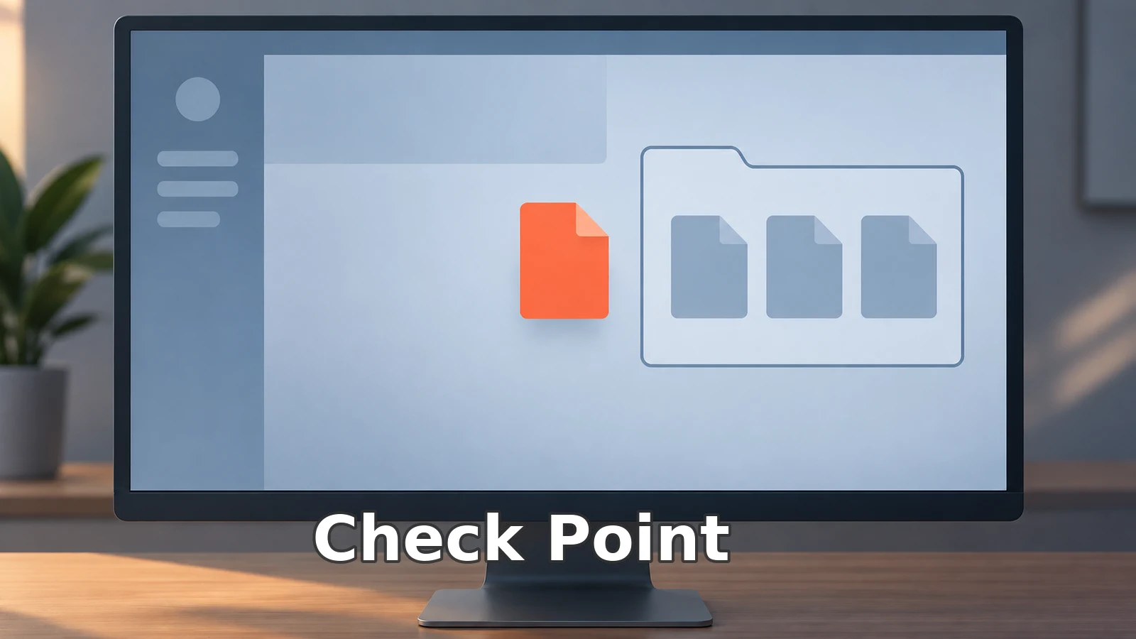 Illustrated management console with one file shape outside a directory and a Check Point name label.