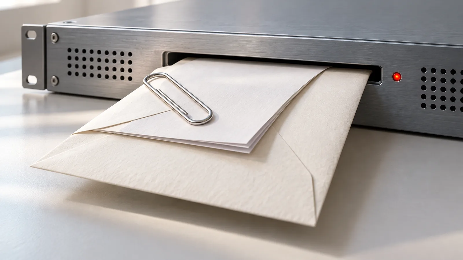 An attachment clipped to a paper envelope entering a security gateway, an editorial depiction of mail attachment scanning.