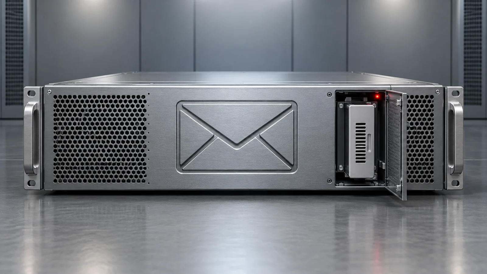 An email security appliance with an envelope-shaped intake and an open maintenance panel.