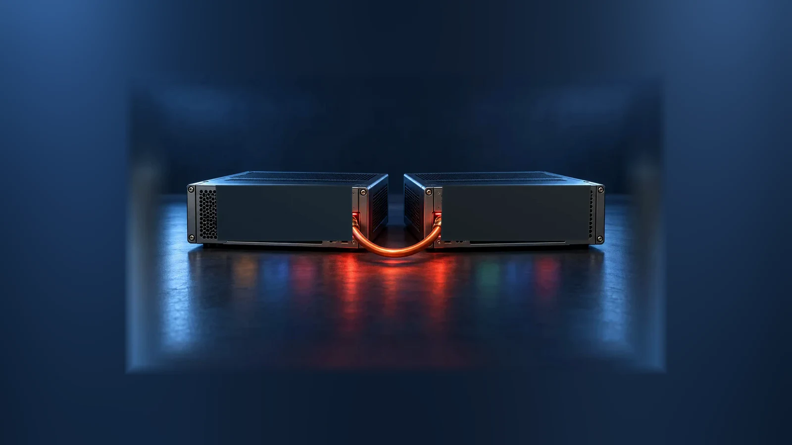 Editorial depiction of two video-conferencing gateways joined by a glowing cluster connection.