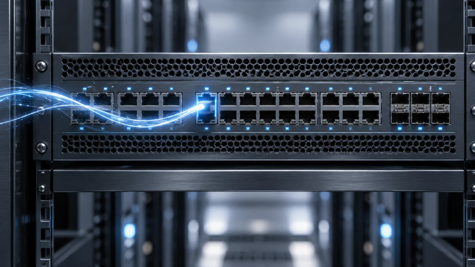 Editorial depiction of a data-center network switch with a blue diagnostic pulse reaching one network port.