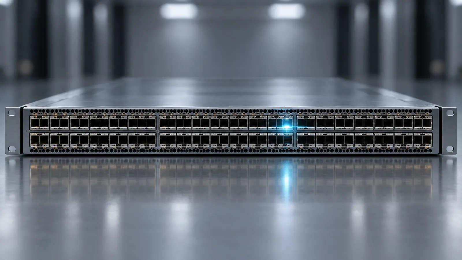 Editorial depiction of an incoming luminous pulse at a port on a datacenter network switch.