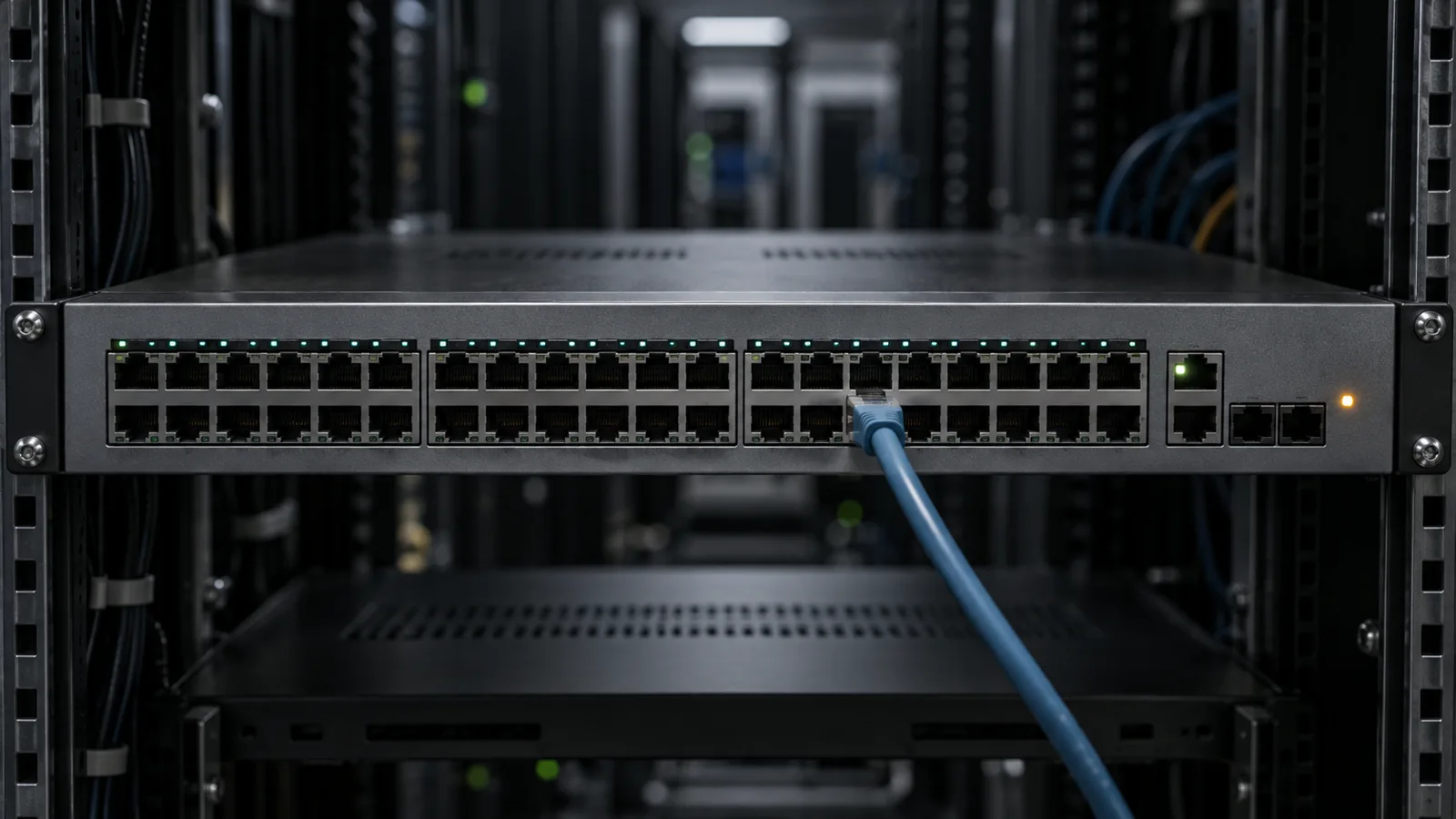 A rack-mounted data-center network switch with a cable plugged into its front port bank.