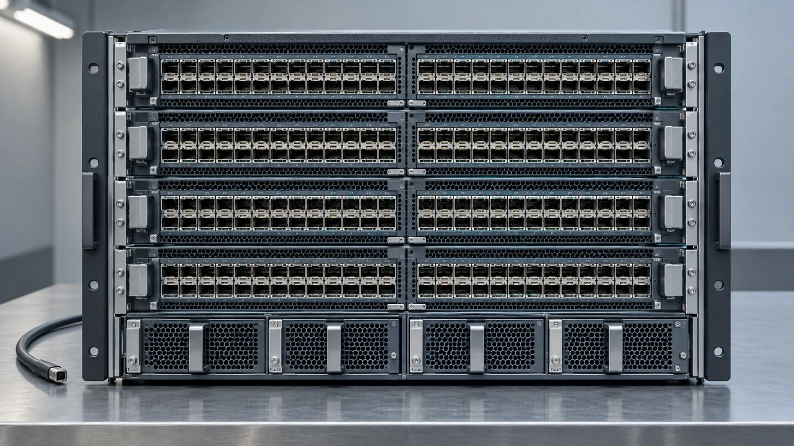 Close view of a modular data-center network switch chassis with rows of network ports on a service bench.