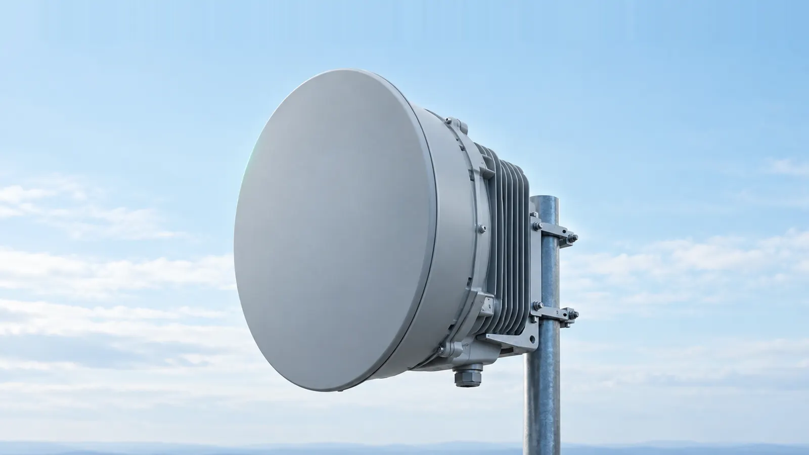 Editorial illustration of a single outdoor wireless-backhaul radio on a mast against a pale blue sky.