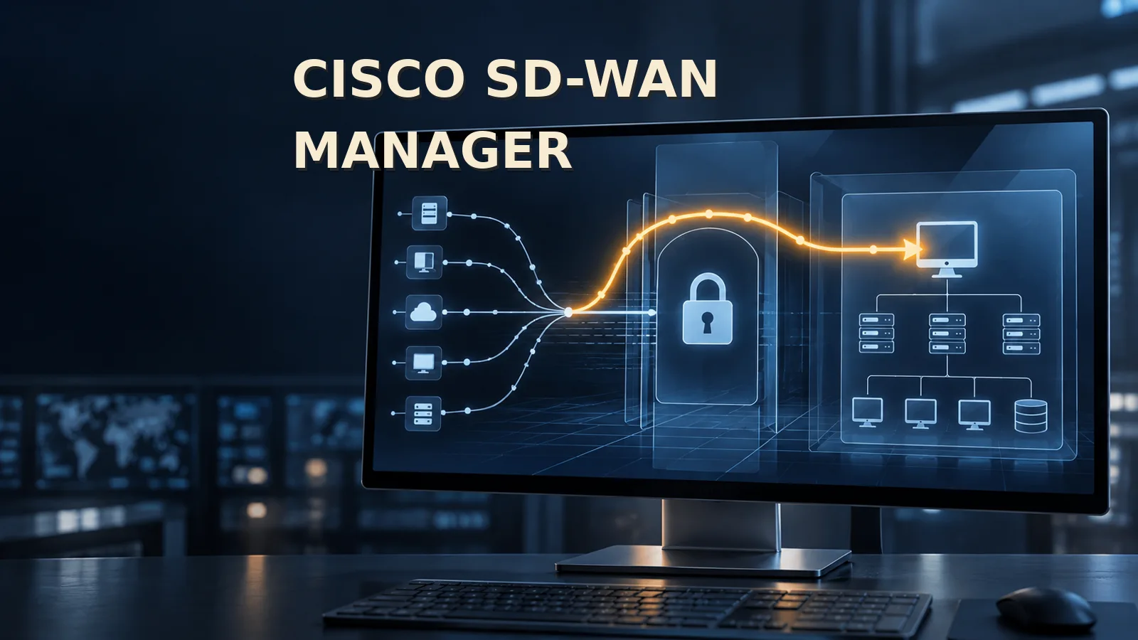 Cisco SD-WAN Manager label beside a network-management console and a route curving around a login lock.
