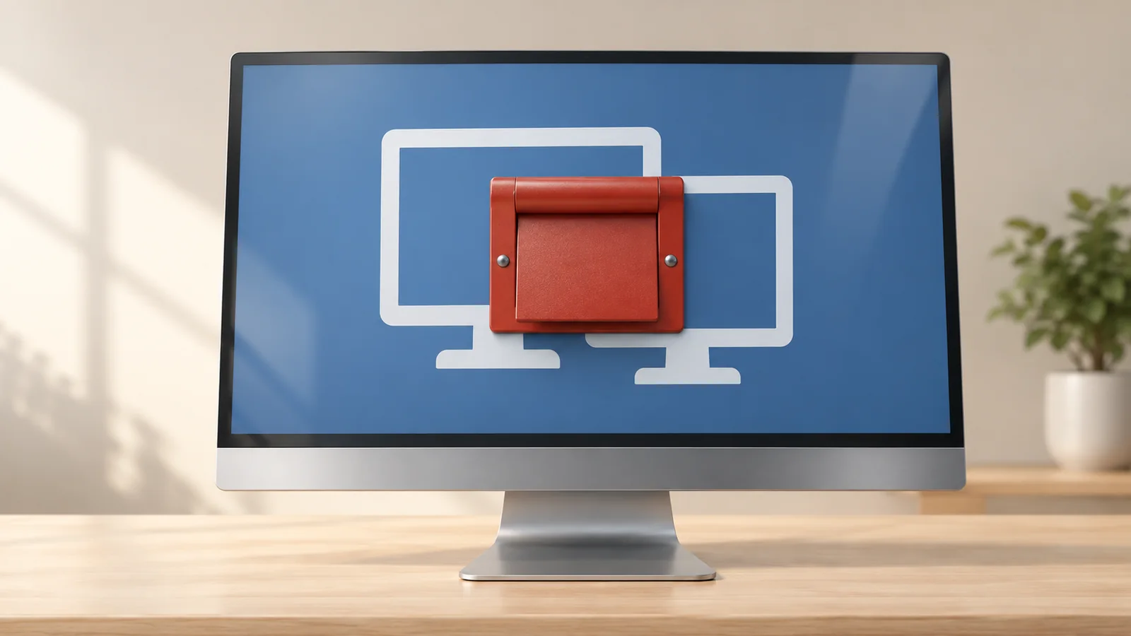 Illustrated remote-support monitor with a large remote-session symbol crossed by a closed access shutter.