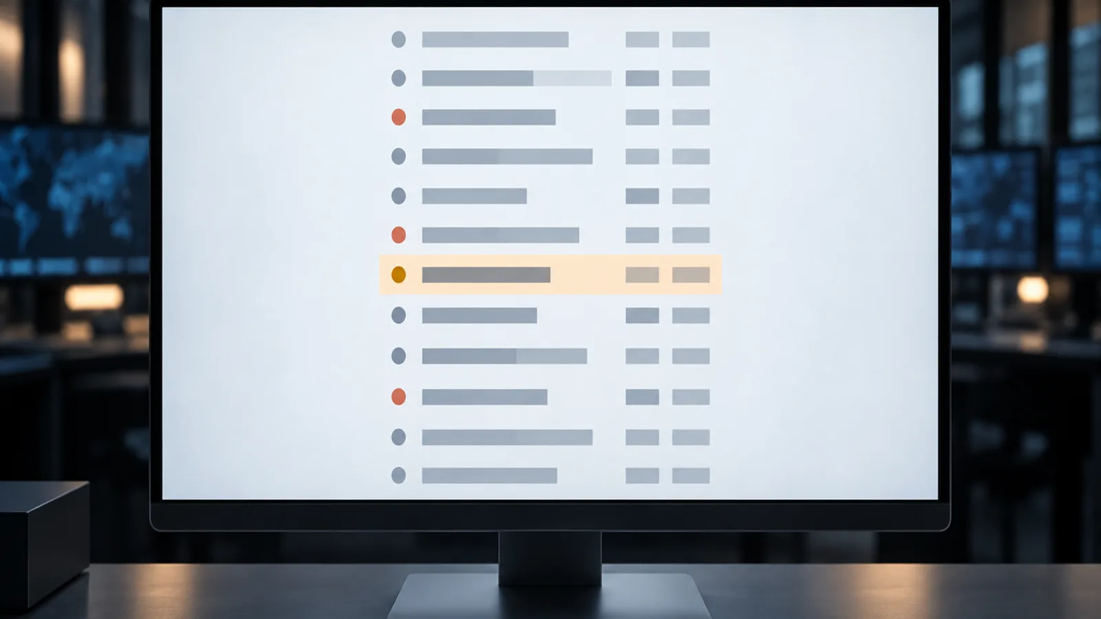 An abstract vulnerability queue on a monitor, with one older entry highlighted for review.