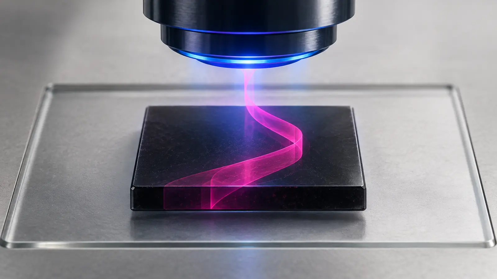 A dark malware specimen under a blue scanning lens, with a magenta strip embedded in the specimen reaching toward the lens.
