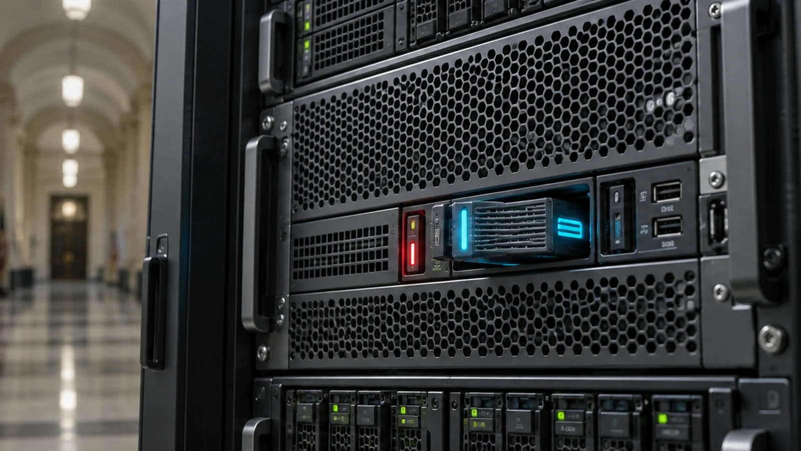 Server rack beside a stone institutional building, with a lit access slot on the chassis.