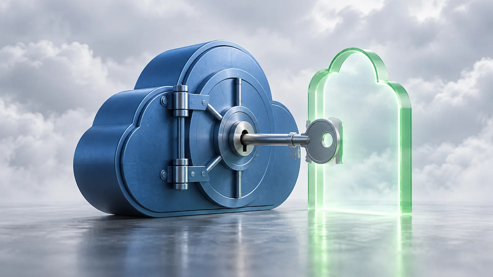Illustration of a cloud backup vault credential meeting the entrance to a customer cloud tenant.