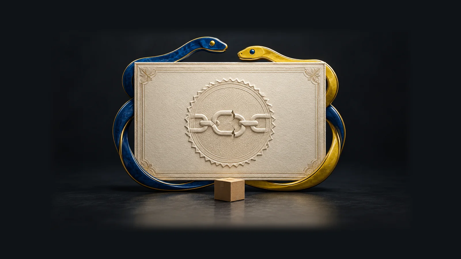 A fractured certificate-chain seal on a blank certificate framed by blue and yellow Python-shaped enamel.