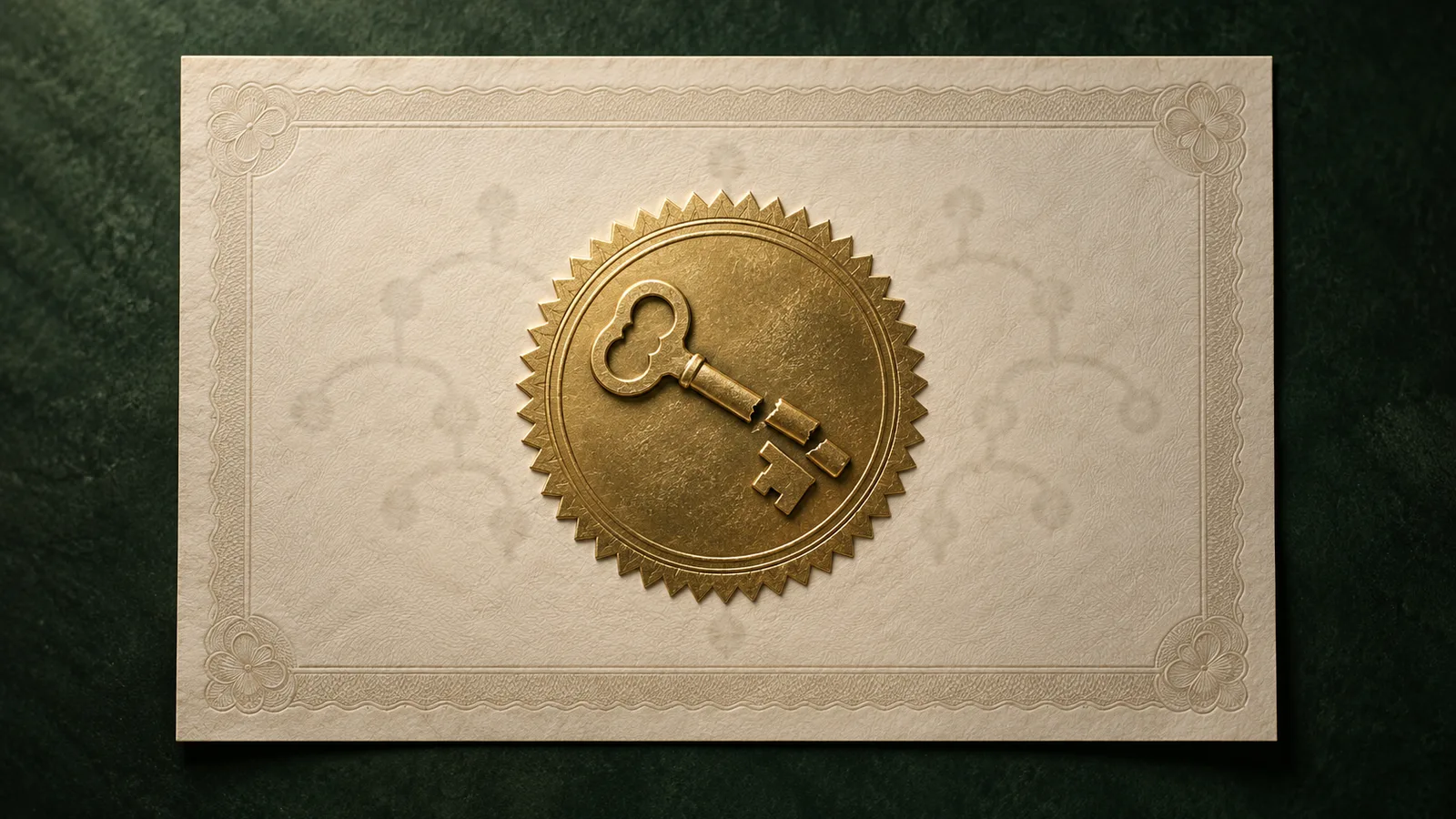 A fractured key pressed into the seal of a certificate, representing weak intermediate signing keys.