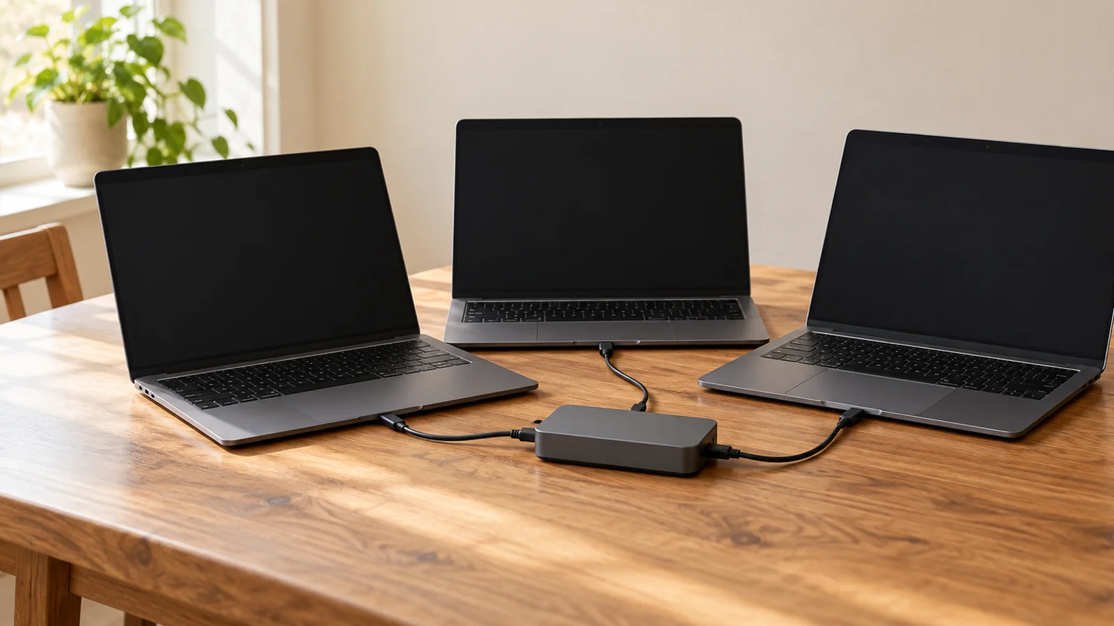 Three open laptops and a small wired remote-access device on a residential desk.