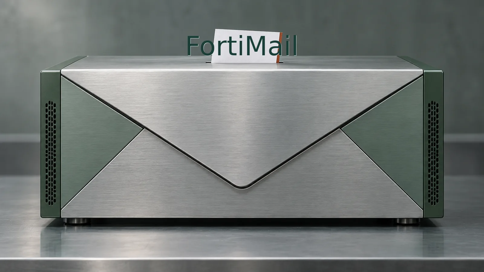An envelope-shaped mail security appliance with a blank file caught in its seam, an editorial depiction of an unauthorized file write.