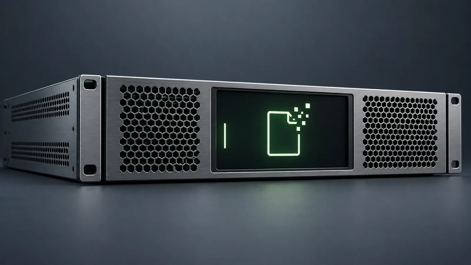 Editorial illustration of a network gateway with an abstract command cursor and a changing file glyph on its console.