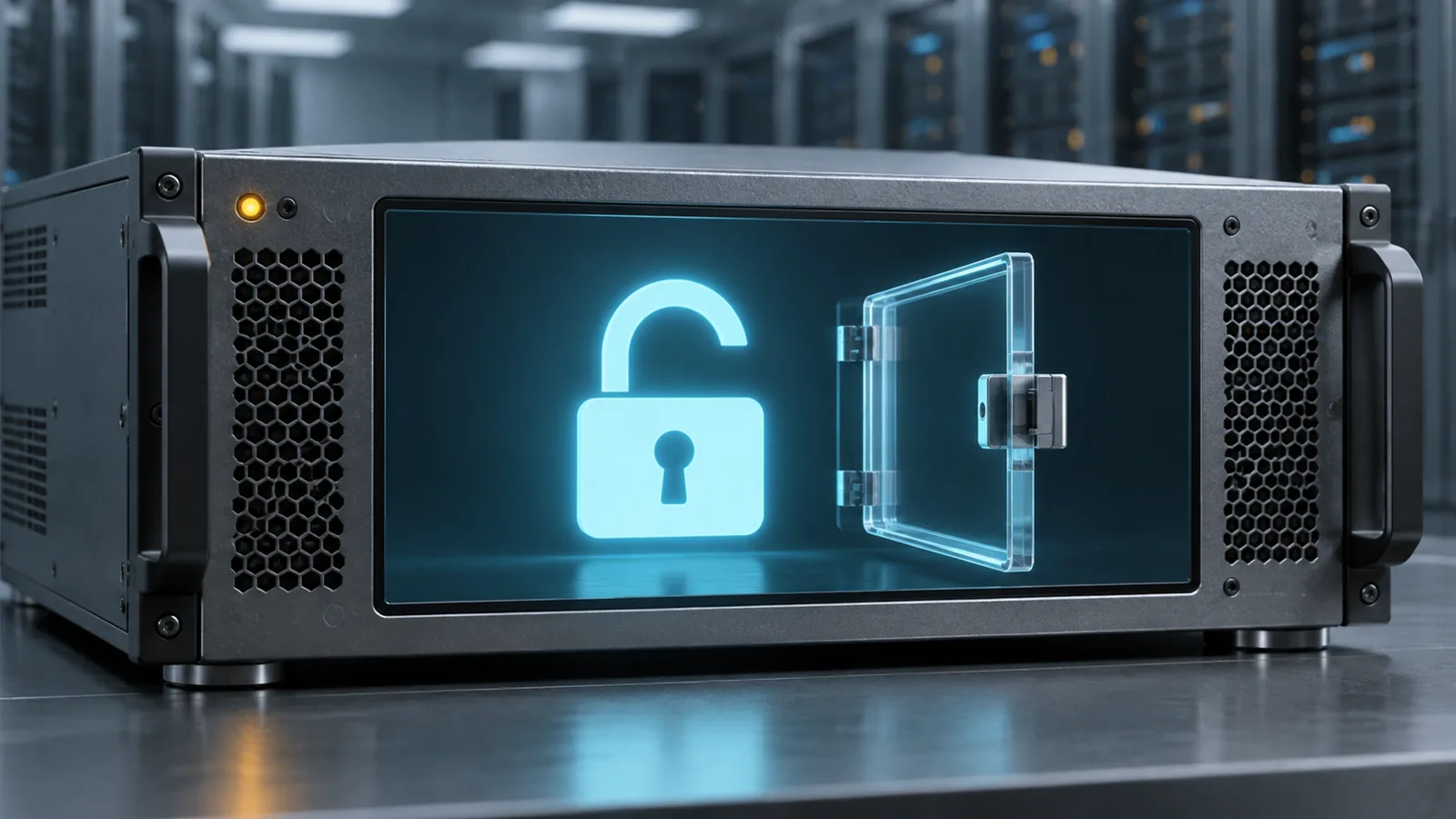 A malware-analysis appliance with an illuminated management screen showing an open access latch.