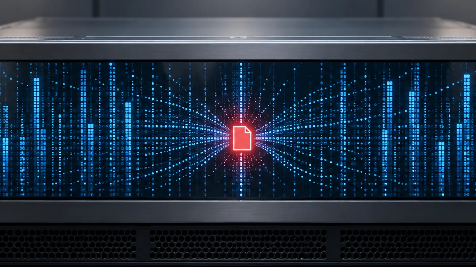 Editorial depiction of an on-prem security-event monitoring server with one red unauthorized file cue on its display.