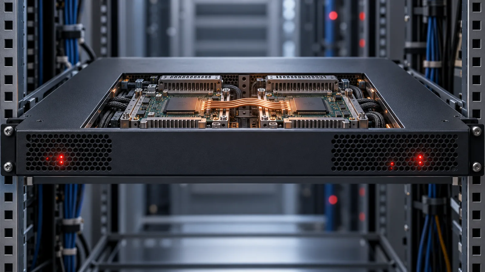 An enterprise firewall in a telecom rack, its two internal processor modules joined by a thin copper-colored bridge.