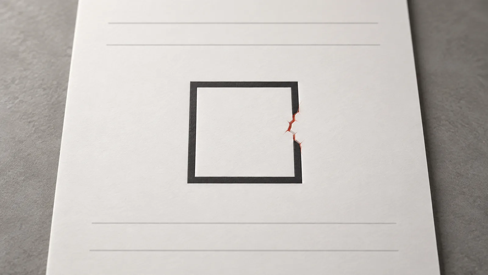 Editorial depiction of a large PDF form checkbox with a fracture in its outline.