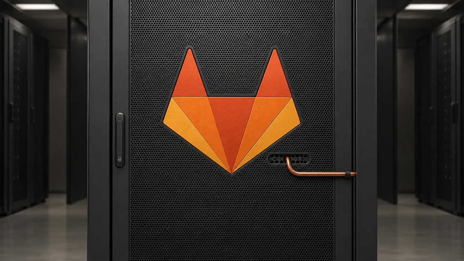 Illustrated orange fox-shaped GitLab emblem on a dark server cabinet, with a small looping circuit trace.