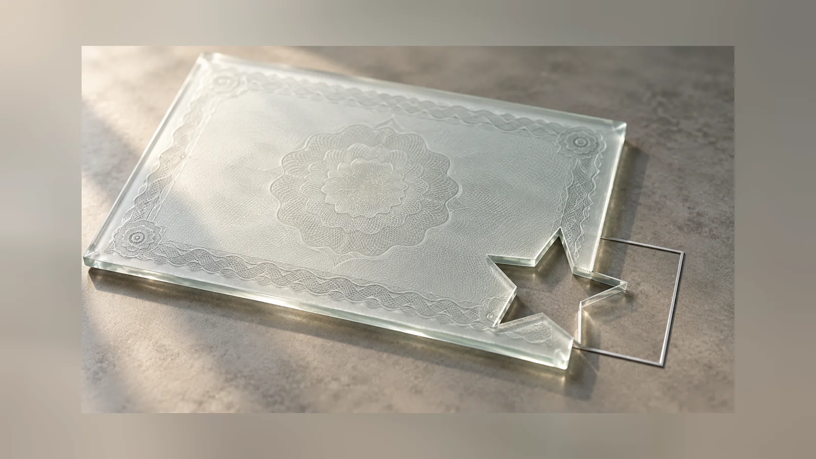 Illustrated certificate with a star-shaped wildcard cutout beside a thin etched constraint frame.