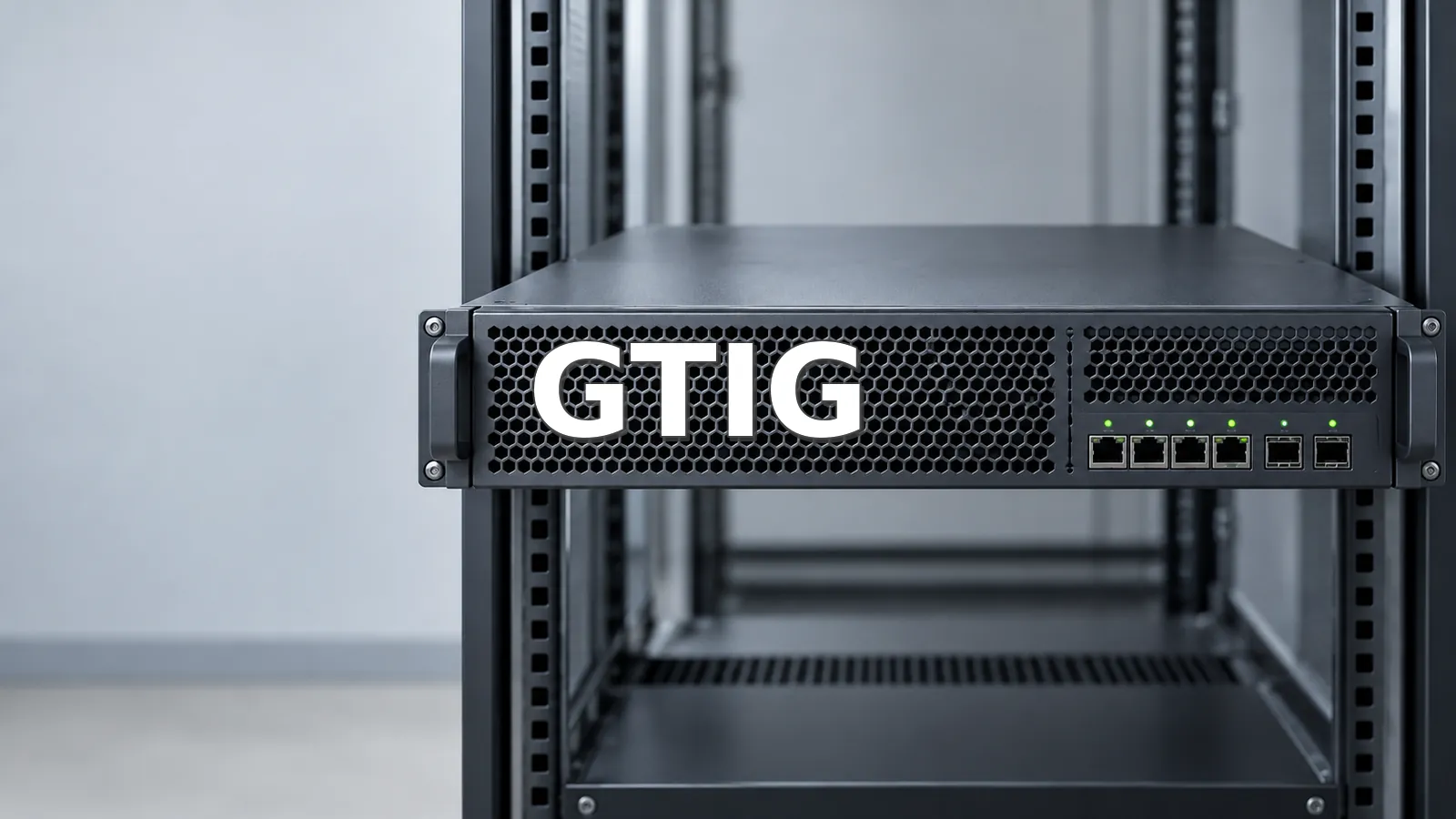 An enterprise edge gateway fills the equipment-room frame beside the editorial identifier GTIG.
