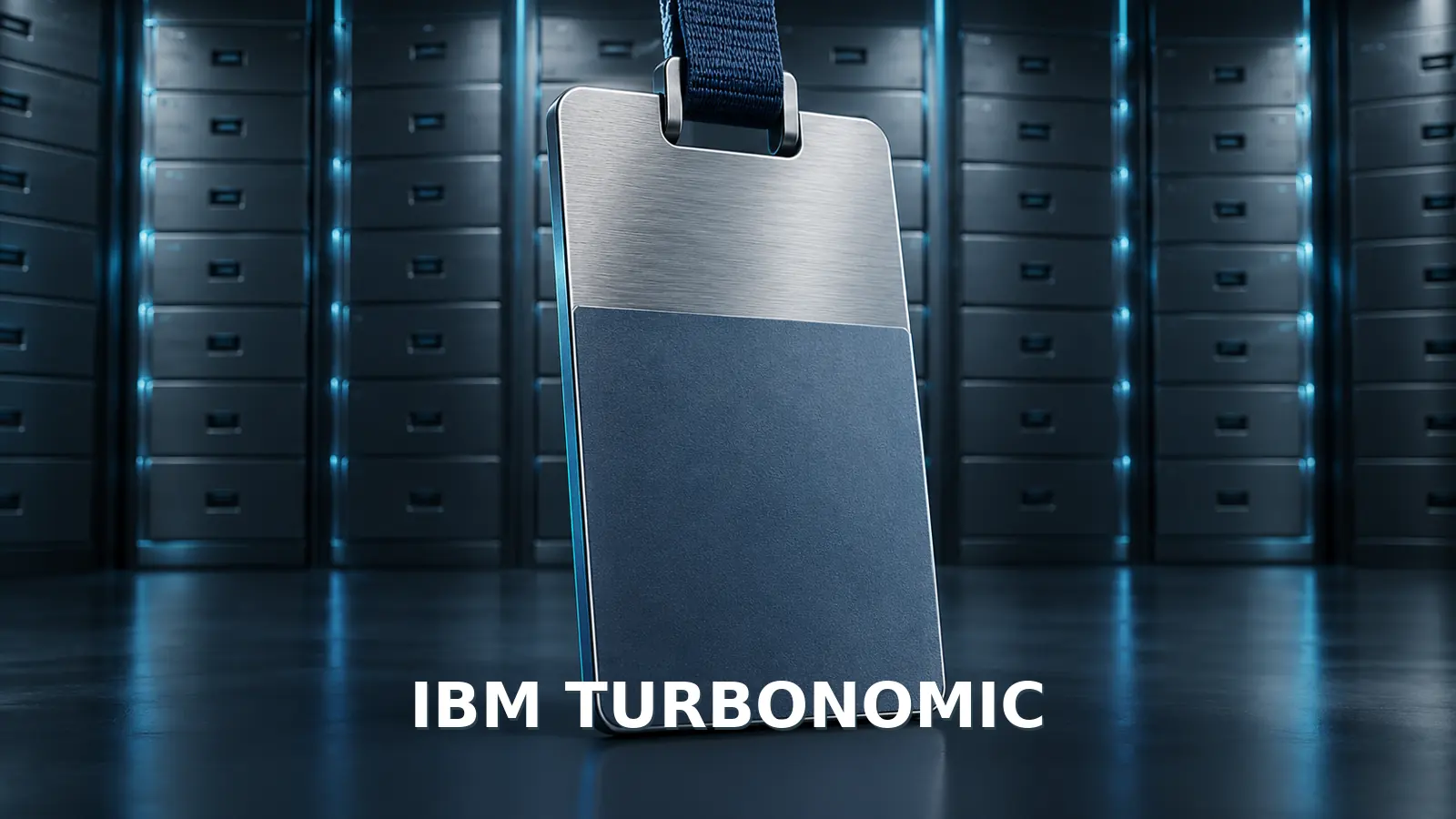 A large operator identity badge faces closed drawers representing Kubernetes secrets, with IBM Turbonomic named beneath it.