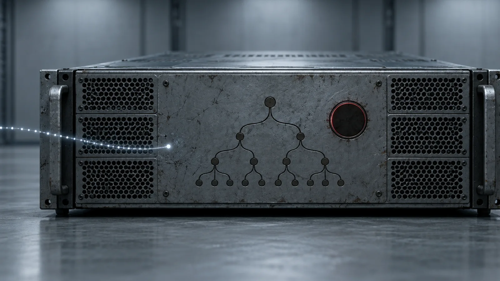 An aging DNS server in a cold server room with its status lamp dark, depicting a service outage.