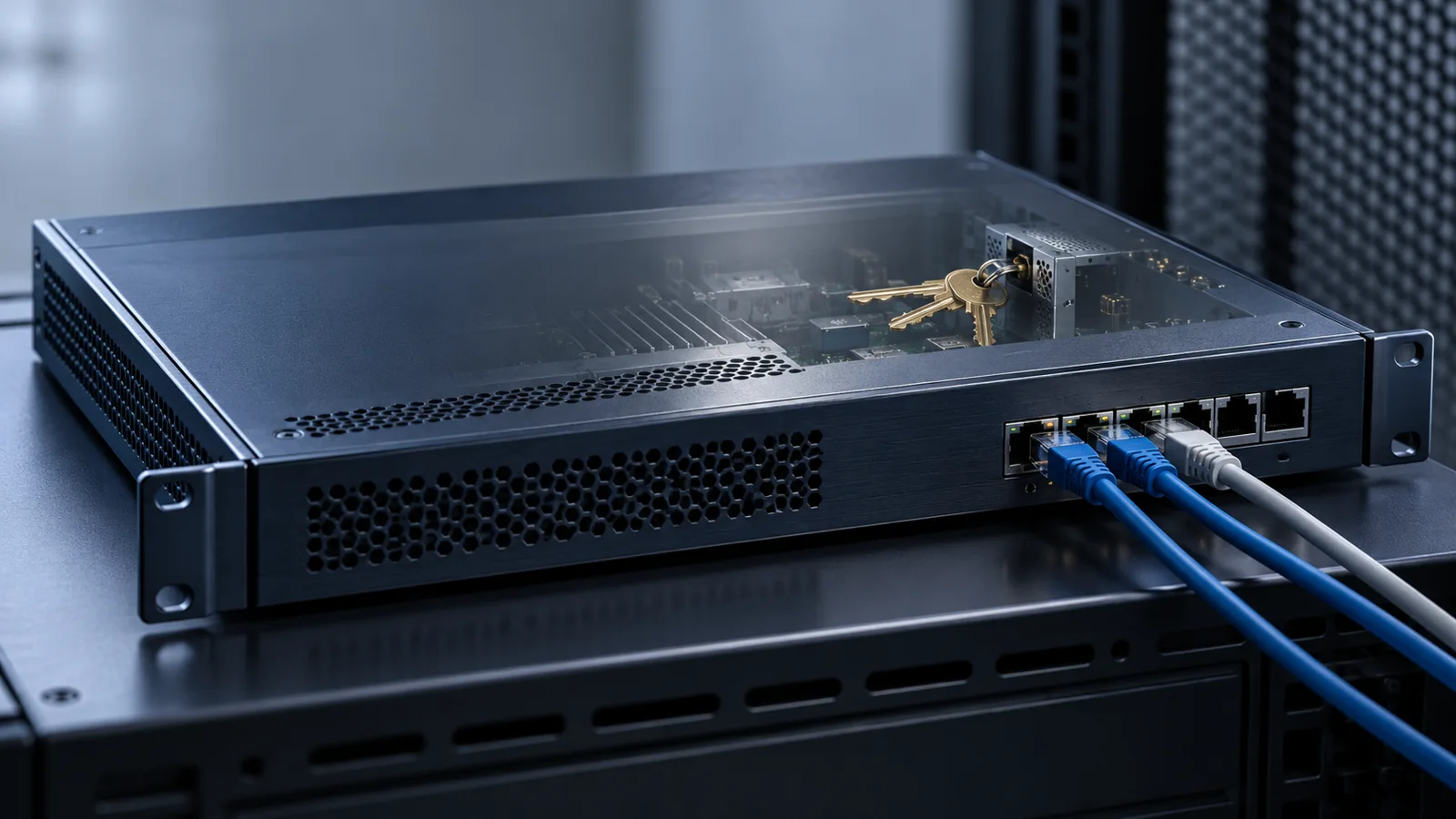 Editorial depiction of an enterprise VPN appliance with keys drawn toward its network connection, representing credential theft after compromise.