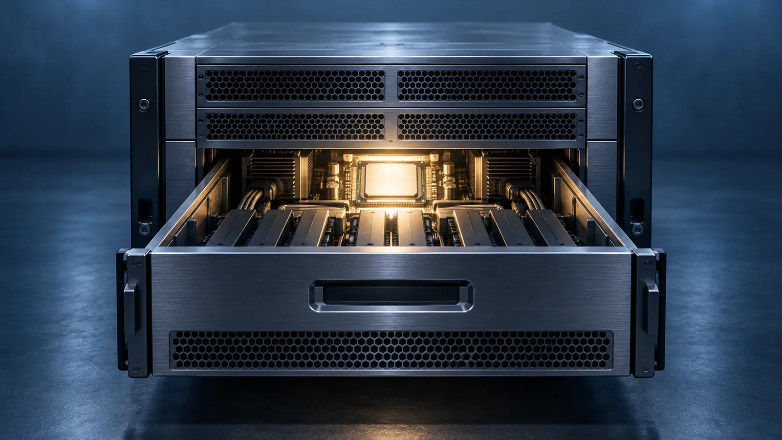 Illustration of a managed server with a container-log drawer opened toward the host hardware.