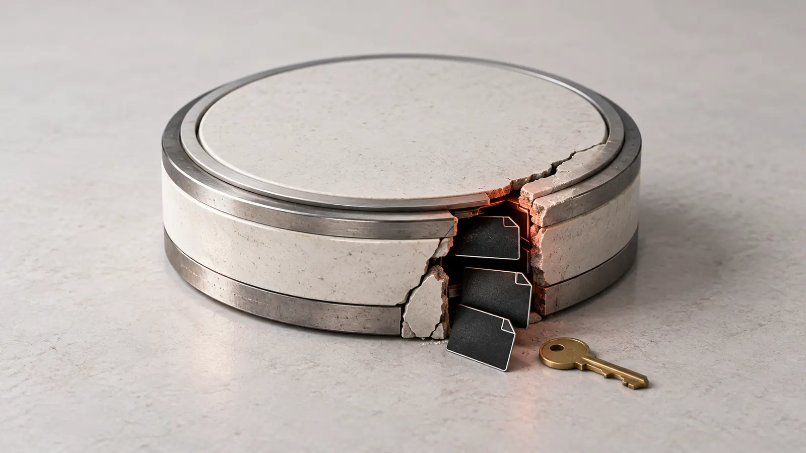 A cracked software wheel package exposes three dark files beside a key on a pale workbench.