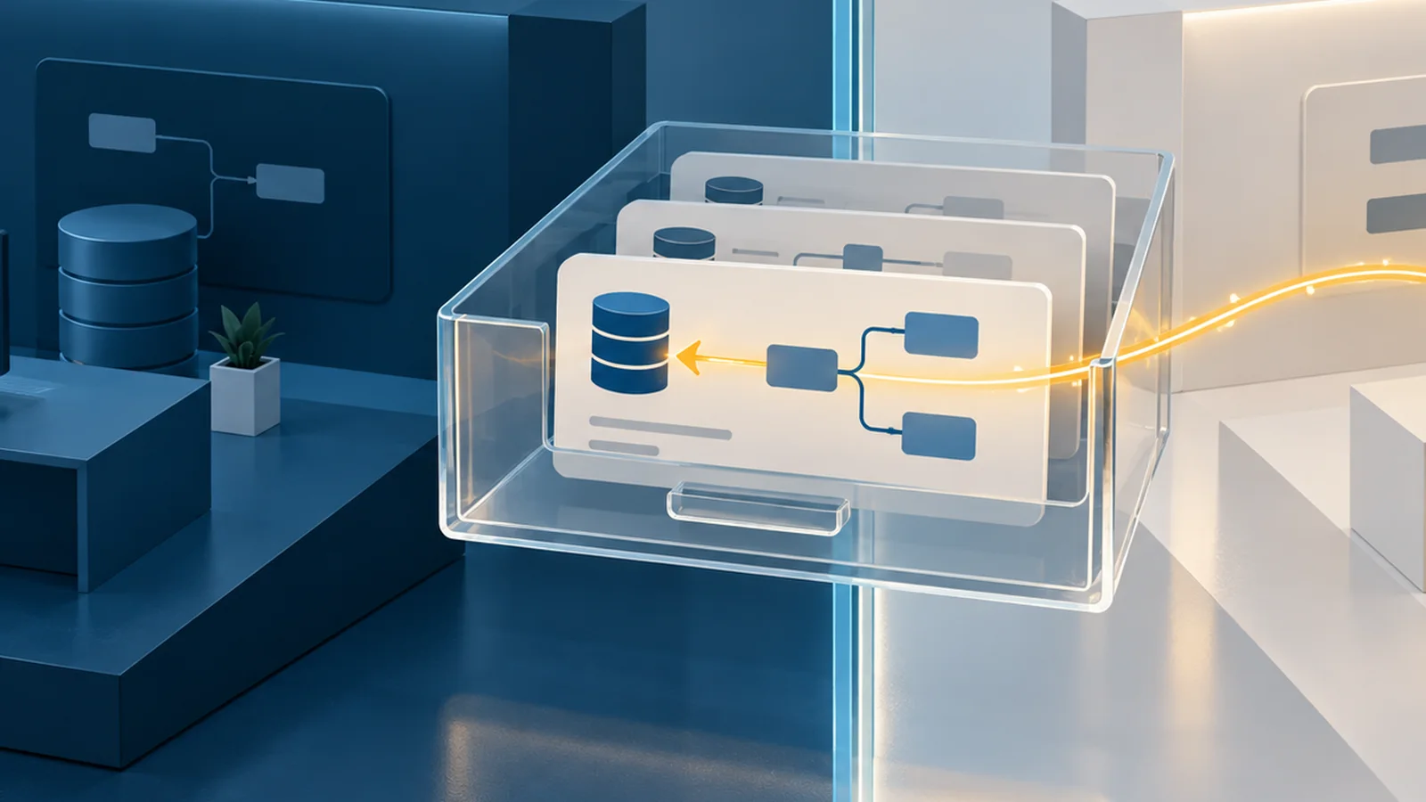 Illustrated saved-query drawer bridging two separate workspaces, with a data trail crossing between them.