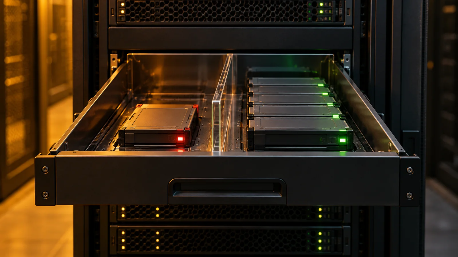 A build server with a central cache drawer divided into separate incoming and approved package compartments.