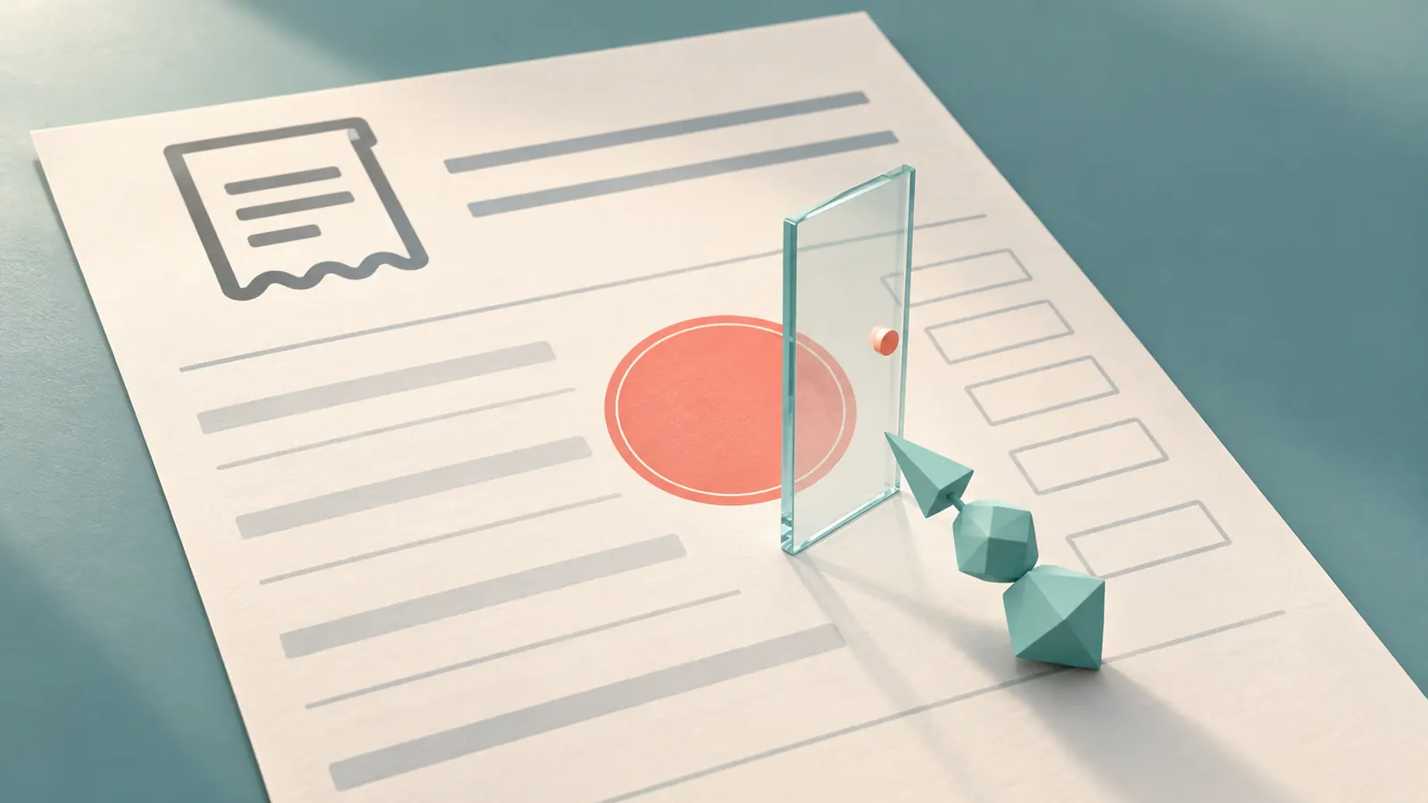 Editorial illustration of an expense form and a software-agent cursor separated from its approval area by a clear gate.