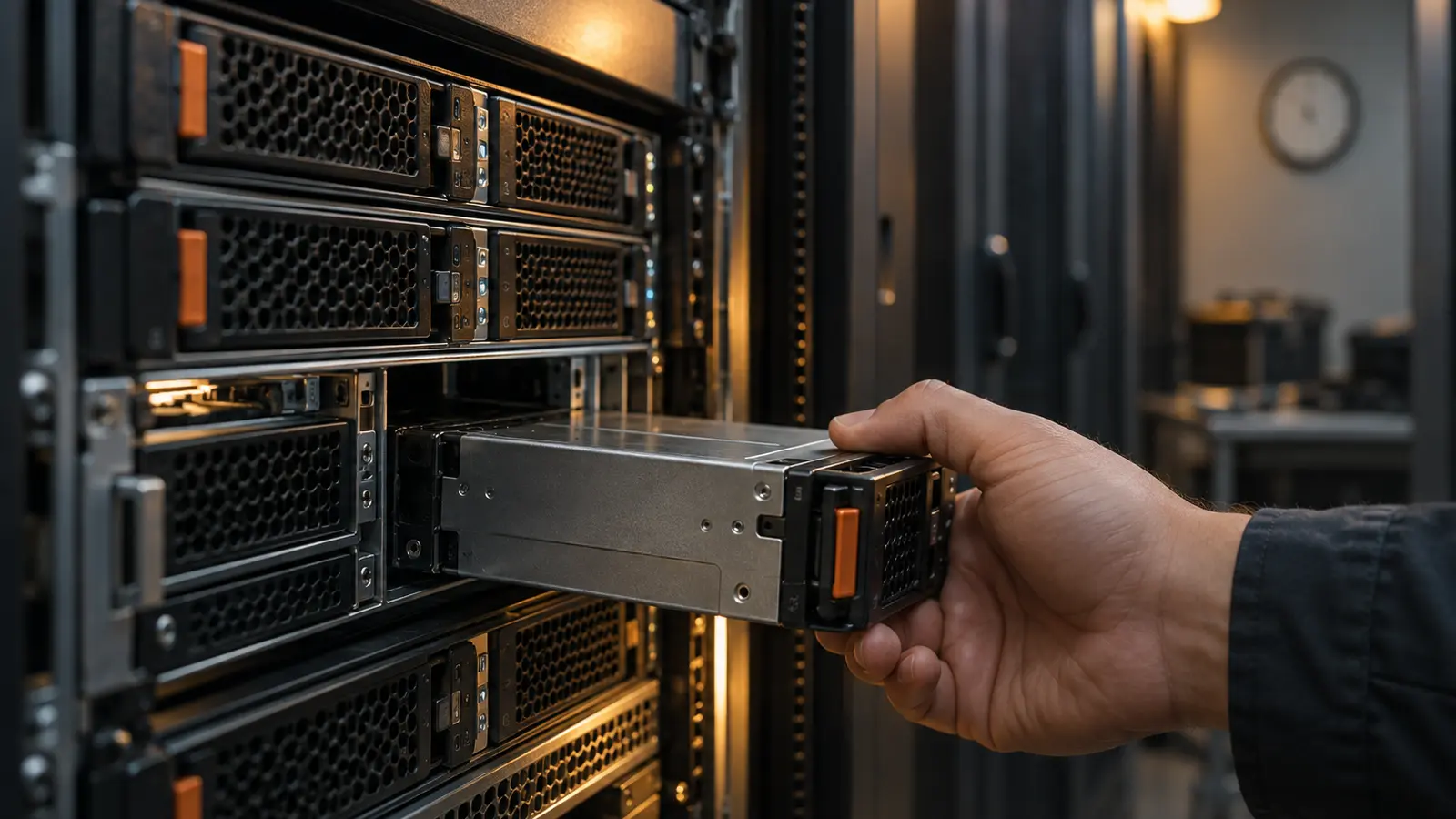 A technician inserts a module into an on-premises rack server during maintenance.