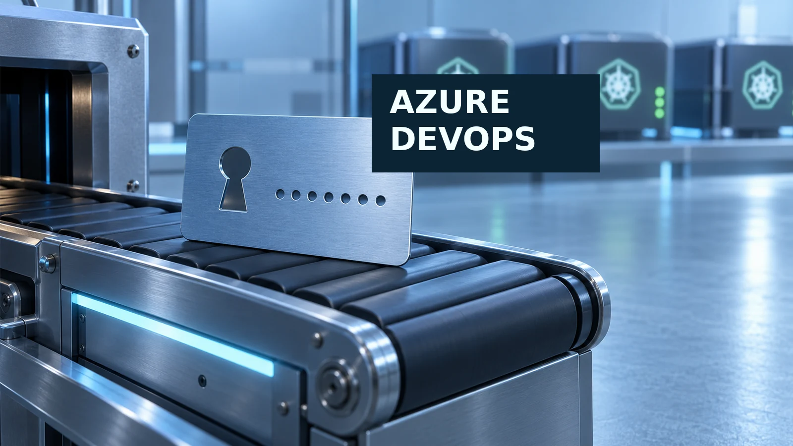Illustration of a credential card crossing a development pipeline toward a cluster, with Azure DevOps identified in the image.