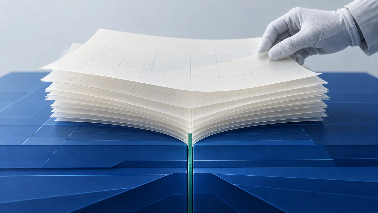 Blank vulnerability-report sheets converge on a single repaired seam in an abstract software surface, with a maintainer's hand at work.