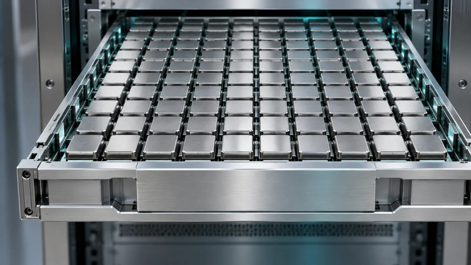 Illustration of an open cartridge of model-weight modules seated inside an enterprise inference server.
