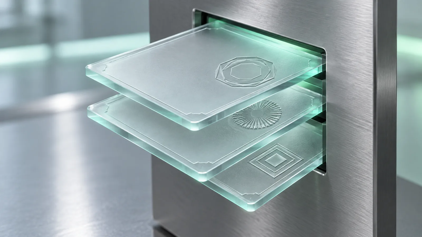 Layered translucent certificate cards passing through an inspection aperture on a test bench.